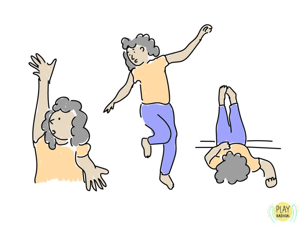 Image shows three drawings of the same child. One where they are stretching their arms out and looking to the side. One where they are playfully jumping and one where they are lay on the ground resting their feet against a wall.